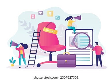 We are hiring, placard - vacant on an empty office chair. Recruitment process, HR agency select for new employees. Job interview, team of hr specialists in search of staff. flat vector illustration