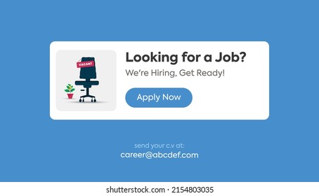 we are hiring. we are hiring pop up with blue background. we are hiring announcement complete Facebook and Instagram post. jobs for software engineer. empty office chair with vacant sign. apply now. 