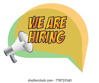 "We are hiring" pop-art colourful badge coming out of a megaphone in vector graphics
