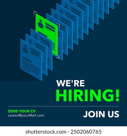 We are hiring post, 3d isometric concept of searching and picking new members. Join our team announcement. Social media template job vacancy recruitment.
