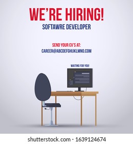 We are hiring post for facebook and instagram dimension. Hiring banner for website for software developer. Post showing computer and chair for hiring