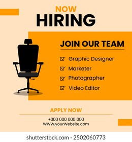 We are hiring post, join our team announcement. New members needed. Social media template job vacancy recruitment. Office chair illustration.
