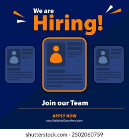 We are hiring post, join to the team announcement. Employees needed. Looking for new members. Social media template job vacancy recruitment.
