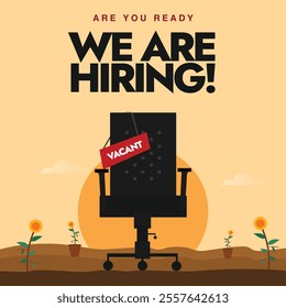 We are hiring. Hiring post for social media with a Chair and Vacant board on office chair. Hiring concept with office chair. Job recruitment cover banner. Recruitment process concept