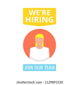 We are hiring poster or banner design. Job vacancy advertisement concept. User icon. Vector illustration.