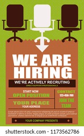We are Hiring Poster or Banner Design. Job Vacancy Advertisement Concept on dark blue background with speakers, hands and yellow label. Vector illustration EPS 10. Hiring poster template design.
