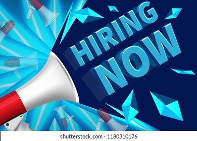 We are Hiring Poster or Banner Design. Job Vacancy Advertisement Concept on blue background. We are hiring advertising sign with megaphone
