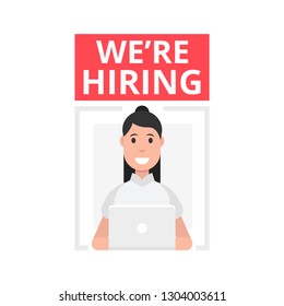 We are hiring poster or banner design. Job vacancy advertisement concept. Female user icon. Vector illustration.