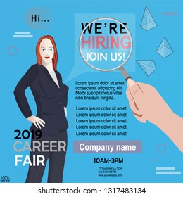 We are Hiring Poster or Banner Design template. 2019 Job or hire Vacancy Advertisement. Concept of flyer on a blue background with magnifier, geometric shapes, hands, woman silhouette.