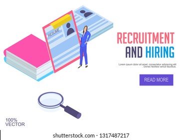We are Hiring Poster or Banner Design template. Job or hire Vacancy Advertisement. Concept of flyer on a blue background with magnifier, people resumes, book.  