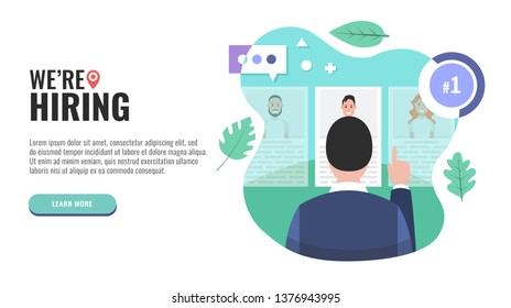 We are hiring poster or banner design. User is watching profiles. Flat colors. Web banner. Vector illustration.