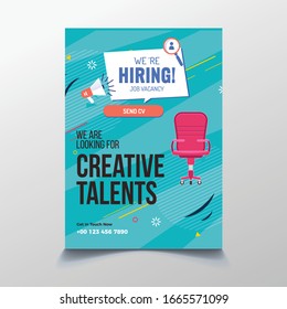 Estamos contratando el diseño de afiches o pancartas. Concepto de anuncio de empleo sobre fondo azul oscuro con altavoces, manos y etiqueta amarilla. Ilustración del vector EPS 10. Diseño de plantilla de afiches de contratación.