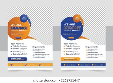 We are Hiring Poster or Banner template. Job Vacancy Advertisement Concept on dark blue background with speakers, hands and yellow label. Vector illustration EPS 10. Hiring poster template design.