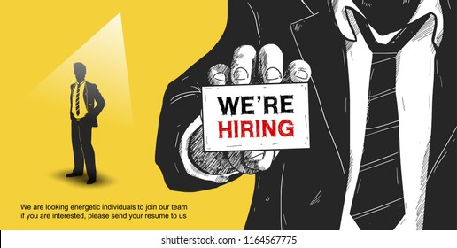 We are hiring poster concept design illustration man show card with businessman in spotlight. Hand drawing style with yellow background