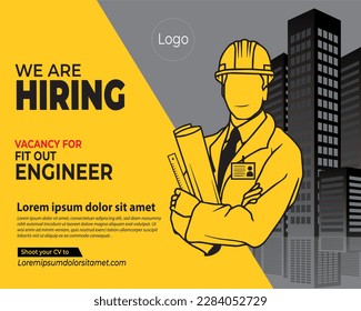 We are hiring poster concept design illustration cook delivering food in white background. Business Recruitment Concept. The engineer is standing in front of the building