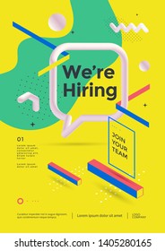 We are hiring poster or flyer design. Employee recruitment banner on yellow background with speech bubble and geometric shapes. Vector illustration