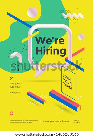 We are hiring poster or flyer design. Employee recruitment banner on yellow background with speech bubble and geometric shapes. Vector illustration