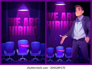 We Are Hiring Posters With Empty Chair And Hr Manager. Vector Banners Of Job Vacancy, Hire Staff With Cartoon Illustration Of Businessman Recruits Employee To Vacant Seat