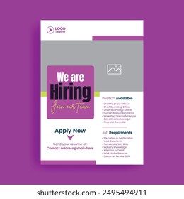 We are hiring print flyer or poster a4 size vertical template, Job offer leaflet design, Job Vacancy Flyer or poster, corporate business vector flyer design