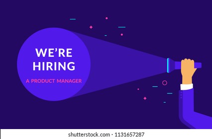 We are hiring a product manager flat vector neon illustration for ui ux web and mobile design with text copy space. Employment recruitment business concept for hr announcement and business hire