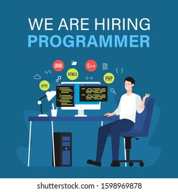 We are hiring programmer. Job vacancy template with people illustration