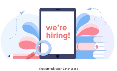 We are hiring quote on tablet screen. Infographic for recruiting. Web recruit resources, research or fill form for selection. select a resume process. template for landing page, banner, presentation