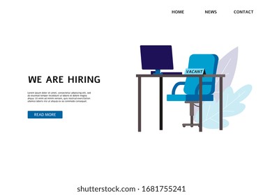 We are hiring and recruiting banner concept with vacant workplace, flat vector illustration on white background. Employment and HR, human resources agency.