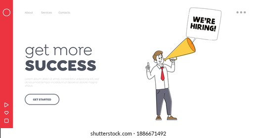 We are Hiring, Recruiting, Head Hunting Landing Page Template. Manager Character Search Employee Hire on Job Using Megaphone. Human Resource, Presentation for Employment. Linear Vector Illustration