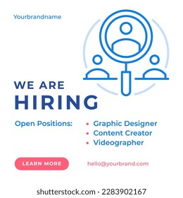 We are hiring recruiting HR service internet advertising landing page with magnifying glass staff personnel vector illustration. Promo post wanted employee to vacancy position webpage place for text