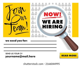 We are hiring. Recruitment advertising template with loupe magnifying glass. Vector announcement job vacancies on transparent background