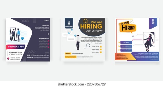 We are hiring, Recruitment advertising template, hiring, social media poster, set, Recruitment Poster, Job hiring poster, social media, banner, flyer. Digital announcement job vacancies layout set