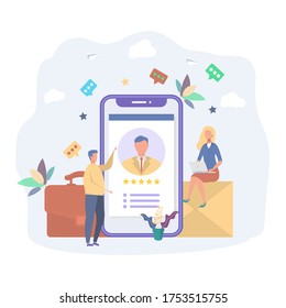 We are hiring. Recruitment agency, employment service. The HR manager is looking for a candidate resume. We need employees, vacancies are open, join our team. Colorful vector illustration