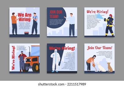 We Are Hiring Recruitment Agency Internet Promo Post Set Vector Illustration. HR Industrial Professional Staff Admission Business Construction Fireman Agricultural Farmer Medical Pet Care Shelter