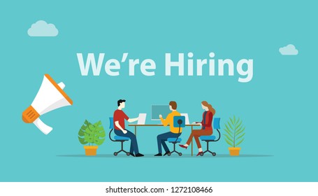 we are hiring recruitment concept with megaphone and team employee working together at office - vector