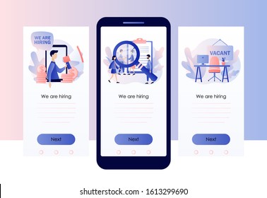 We are Hiring. Recruitment and headhunting agency. Jobs concept. Screen template for mobile smart phone. Modern flat cartoon style. Vector illustration on white background