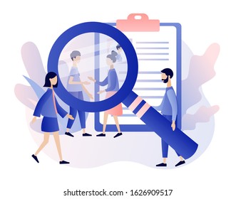 We are Hiring. Recruitment and headhunting agency. Finding professional staff and analyzing personnel resume. Jobs concept. Modern flat cartoon style. Vector illustration on white background