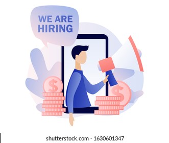 We are Hiring. Recruitment and headhunting agency. Tiny person shouting on megaphone with We are hiring. Jobs concept. Modern flat cartoon style. Vector illustration on white background