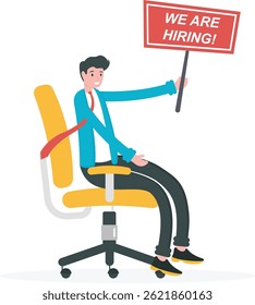 we are hiring. recruitment of new employees and candidate search. job vacancies. human resource development or HRD. a HRD manager is sitting in the work chair and looking for new labor. illustration

