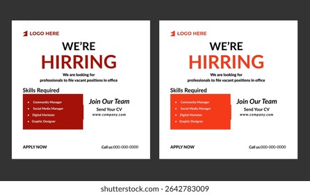 We are hiring recruitment open job vacancy design vector social media post banner template or web banner layout .