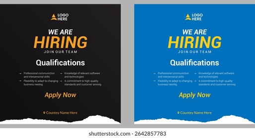 We are hiring recruitment open job vacancy design vector social media post banner template or web banner layout