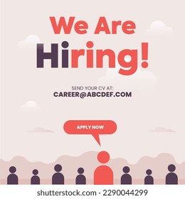 We are hiring. Recruitment post. Hiring post for social media and popup for website banner highlighting a person with apply now button. Hire engineer, designer, artist, manager and assistant. Employee