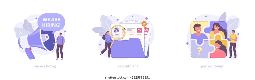 We are hiring, recruitment process, join our team, cv, resume. Vector icon collection with characters for landing page. Flat vector illustration set for website, banner, print.