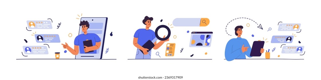 Estamos contratando, contratando, buscando personas. Caracteres contratando nuevos empleados, planificando recursos humanos y programando para aumentar la productividad. Concepto de ilustración de vector