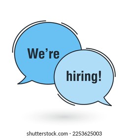 We are hiring recruitment vector concept in mimimalist style with speech bubble. Simple poster or banner design template for open vacancy. Vector illustration