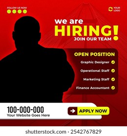 We Are Hiring mit rot dunklen Hintergrund Design-Firma Social Media Poster Banner Vorlage