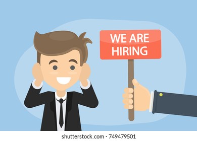 We are hiring. Red sign with surprised happy employee.