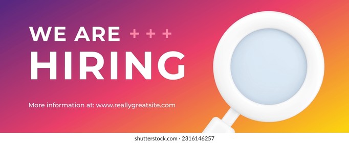 We are hiring searching candidates for company vacations HR recruitment social media banner 3d icon vector illustration. Career opportunity announcement message join to corporate employee wanted