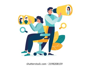 we are hiring, searching for employees for vacant place. find job. HR department reviews resumes of job applicants. job vacancy vector illustration. career opportunity concept binoculars and spyglass 