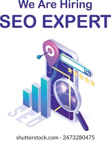 we are hiring. we are hiring SEO expert complete Facebook and Instagram post. SEO specialist hiring announcement banner. SEO in 3D. digital marketer. recruitment post.