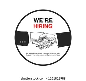 We are hiring sign concept design with shaking hand on circle. Vector illustration hand drawing style